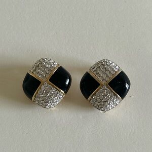 S.A.L Swarovski Black and Gold Tone and Rhinestone Statement Clip On Earrings